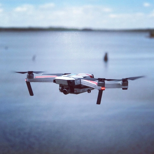 drone flies over the lake